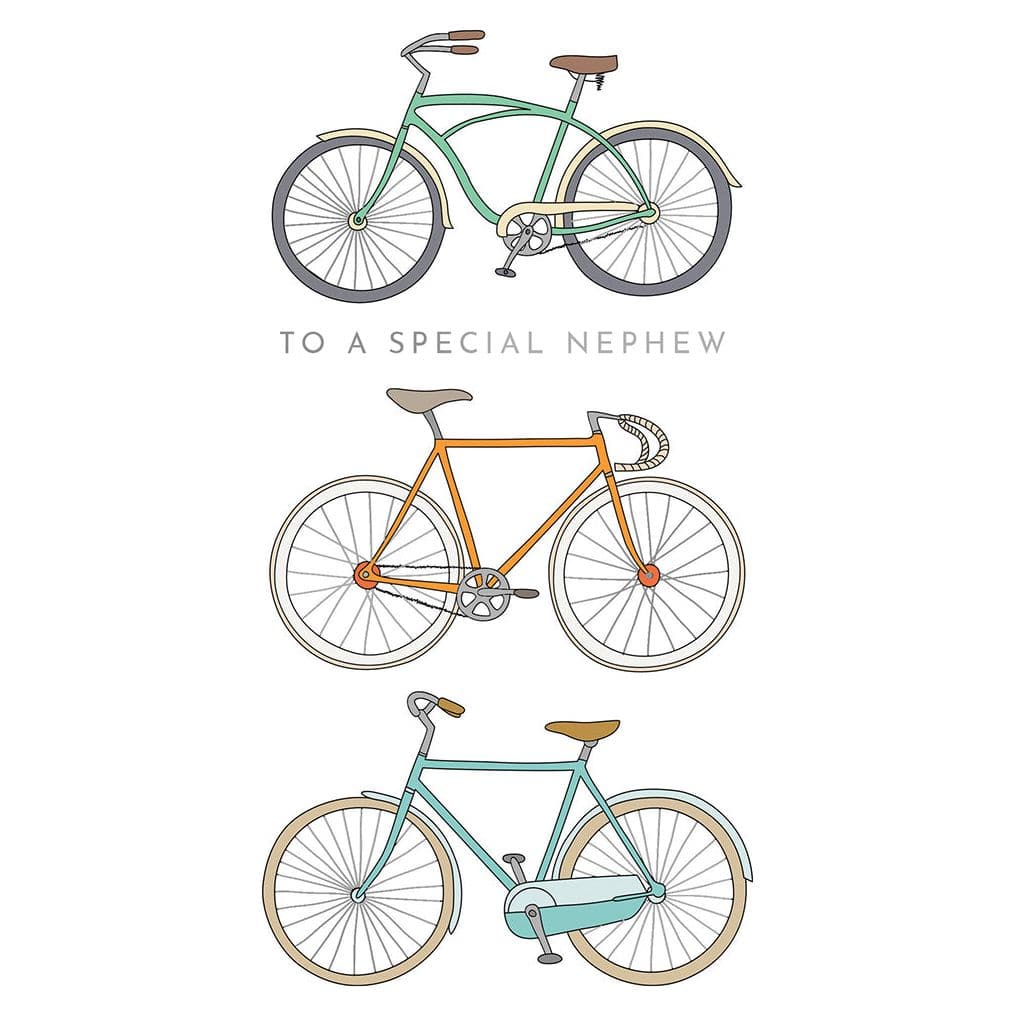 Pictura Three Bikes birthday card for nephew featuring colorful illustrations of three bicycles on a cheerful background.